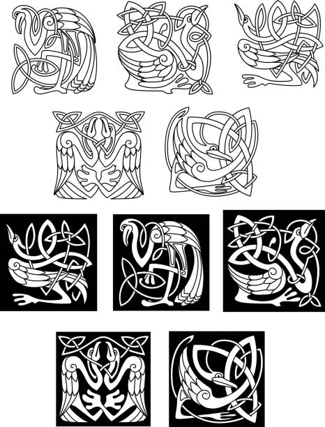Stork and heron birds in celtic patterns Stork and heron birds in celtic ornaments or patterns in black and white on both a white and black background, vector illustration celtic knot animals stock illustrations