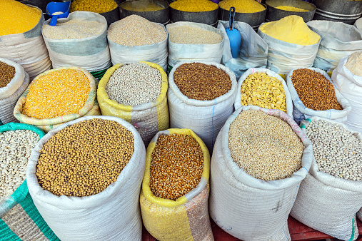 Corn, soybeans, beans, ground corn in bags at the market Meknes,Morocco North Africa Nikon D3x