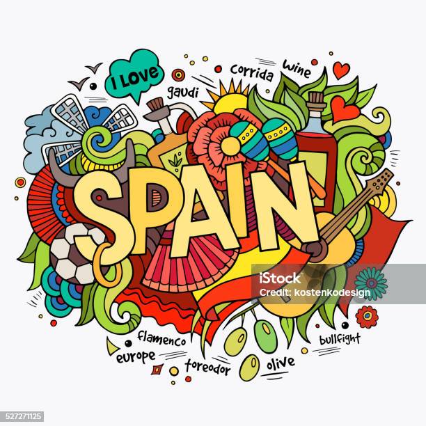 Spain Hand Lettering And Doodles Elements Background Stock Illustration - Download Image Now