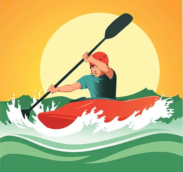Vector illustration of Kayaker Paddling Through Dangerous White Waters
