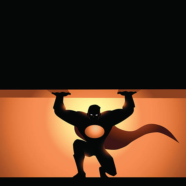 Superhero Heavy Lifting Silhouette Silhouette style illustration of a superhero lifting a very heavy weight. Wide copy space available.  superheld stock illustrations