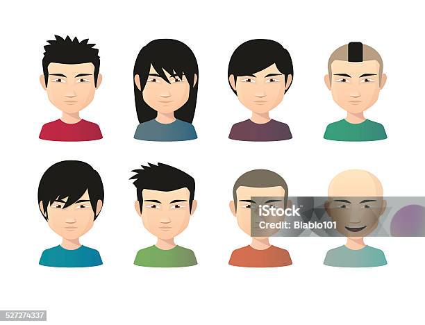 Set Of Asian Male Avatars With Various Hair Styles Stock Illustration - Download Image Now - People, Abstract, Adult