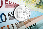 russian ruble coin on the European banknotes (five and ten)