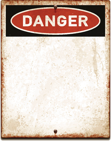 Vintage metal sign with copy space. Grunge square placard with rusty stains, two screws and red and black banner reading DANGER. Photorealistic vector illustration isolated on white. Layered EPS10 file with transparencies and global colors. Individual elements and textures. Related images linked below./file_thumbview/54135640/1