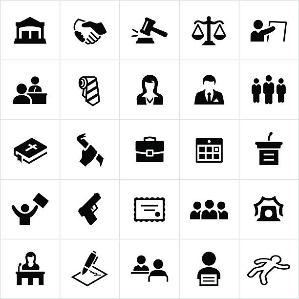 Black Law, Crime and Justice Icons Law, crime, justice, law enforcement, police, icons, symbols. All strokes/shapes expanded and merged. lawyer icons stock illustrations