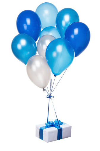 Blue Balloons fly with gift box isolated on white background