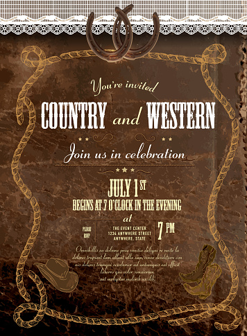 Leather and lace country and western invitation design template, Includes leather background, leather label, lace, horseshoes, cowboy boots and cowboy hat. Sample text design. Easy layers for customizing.