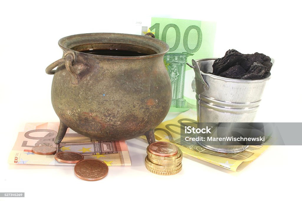 Heating costs Boilers with fuel oil, Bucket of coal and Euro notes Coal Stock Photo