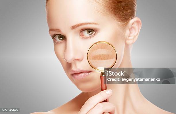 Concept Skincare Skin Of Woman With Magnifier Stock Photo - Download Image Now - Human Face, Magnifying Glass, Spotted