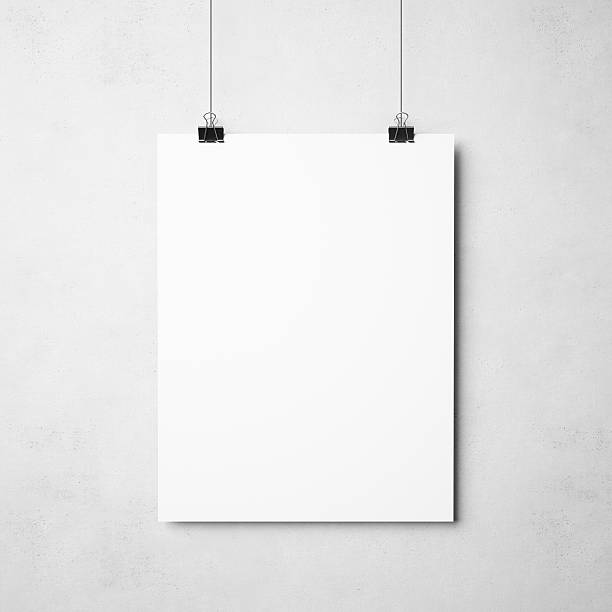 white poster on concrete background blank poster hanging on binders on concrete background poster stock pictures, royalty-free photos & images