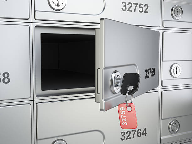 istock Open safe bank cell and key to the safe 527349981