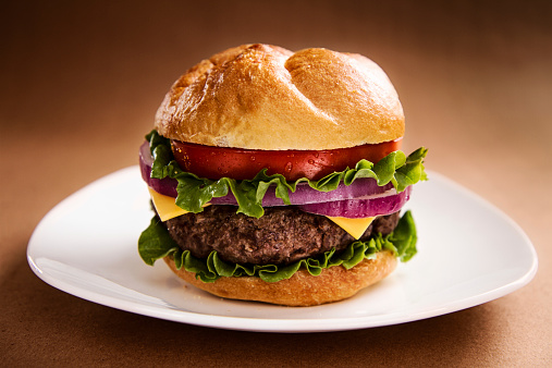 Cheeseburger on white plate with warm background.