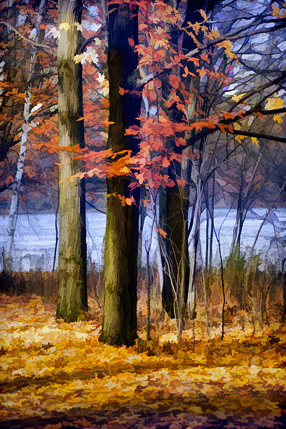 istock Artistic autumn forest, surreal, enchanted, watercolor paint effect 527370949