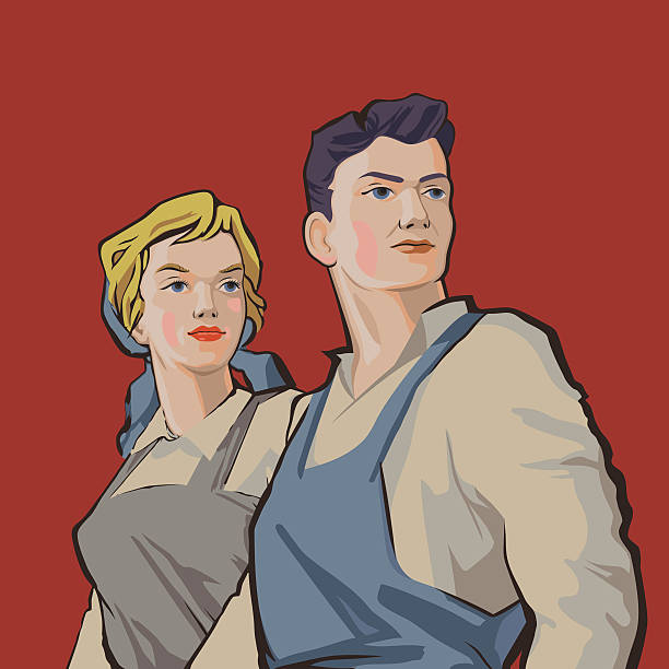 Rusworkers Determined blue-eyed young couple man and woman in vintage workwear isolated on red background retro vector illustration communism stock illustrations