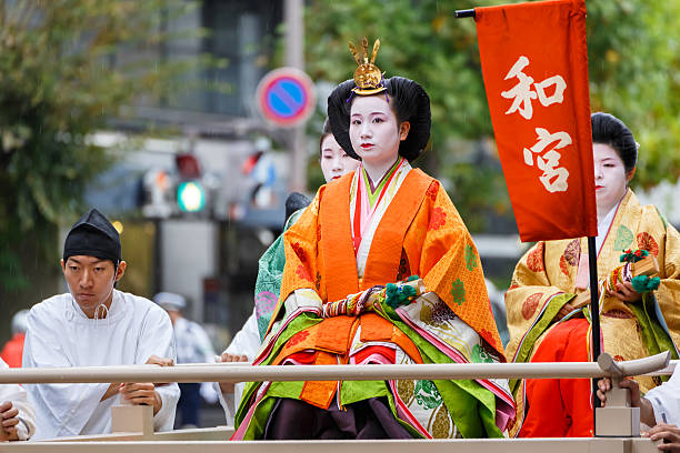 Jidai Matsuri in Kyoto, Japan Kyoto, Japan - October 22 2014: Unidentified participants at the "Historical Parade (Jidai Matsuri)", one of Kyoto's renowned three great festivals held on 22nd October every year heian period stock pictures, royalty-free photos & images