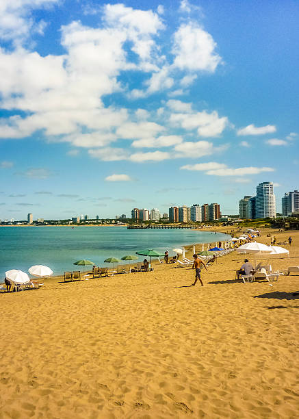 Summer at the Beach in Punta del Este Beautiful day at the beach with people and umbrellas as the main subject and buildings and sky in background in the city of Punta del Este, the most famous seaside resort of Uruguay . playas del este stock pictures, royalty-free photos & images