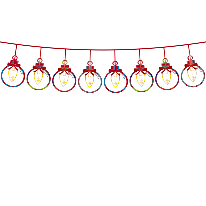 Illustrated string of Xmas lights in Xmas balls. Isolated on white.