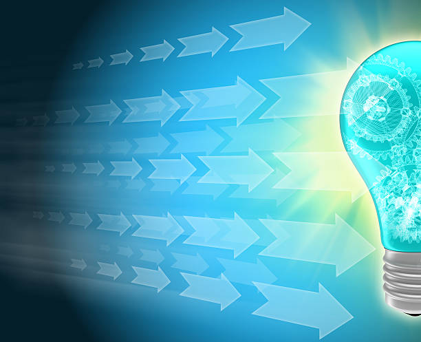 istock arrows flying to the glowing blue light bulb. 527399749