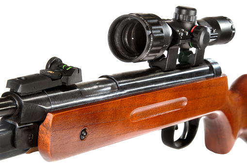 a air rifle with a telescopic sight and a wooden butt