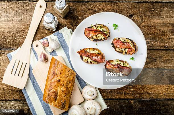 Rustic Breakfast Bread Toast Mushrooms Eggs Stock Photo - Download Image Now - Bread, Breakfast, Close-up