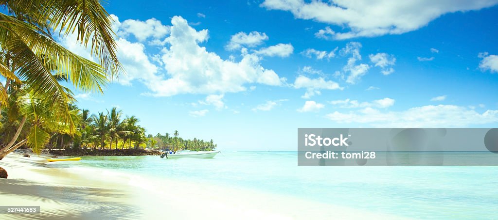 Saona Island, Dominican Republic, Tropical Beach landscape of tropical island beach with perfect sky Punta Cana Stock Photo