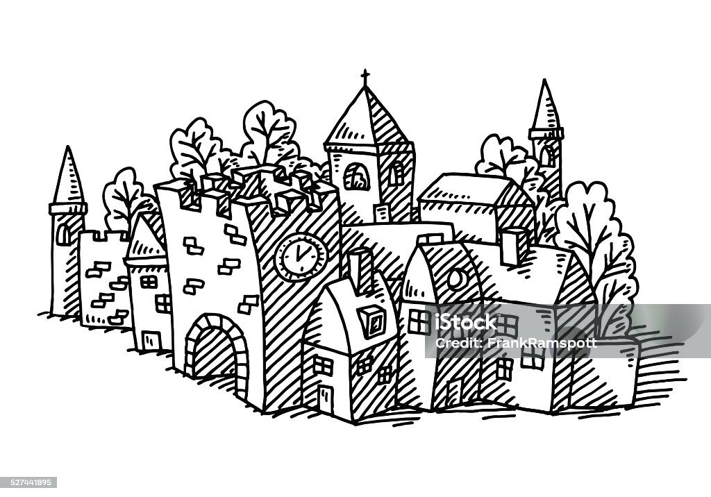Cartoon Village Buildings Drawing Hand-drawn vector drawing of a Cartoon Village, a litttle Tower, Buildings and Trees. Black-and-White sketch on a transparent background (.eps-file). Included files are EPS (v10) and Hi-Res JPG. Town stock vector