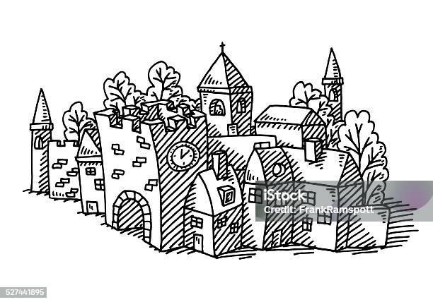 Cartoon Village Buildings Drawing Stock Illustration - Download Image Now - Town, Black And White, House