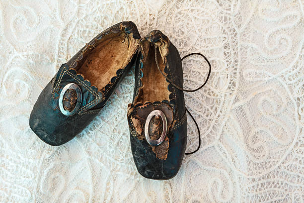 istock Small children shoes on a lace background 527443781
