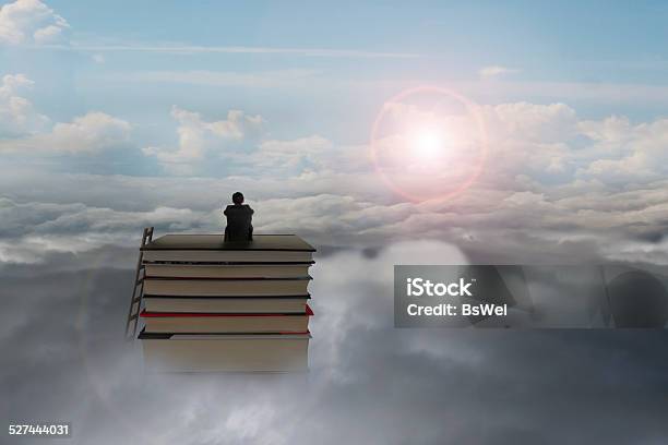 Pondering Businessman Sitting On Stack Of Books With Sunlight Cl Stock Photo - Download Image Now
