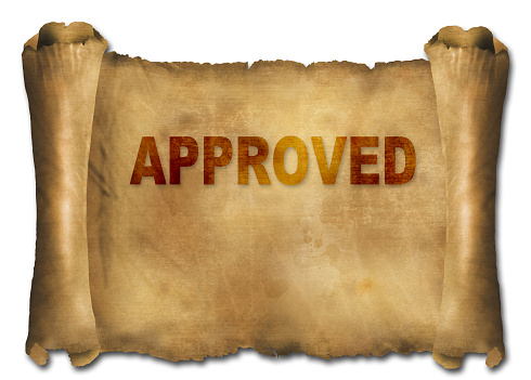 word approved on paper scroll made in 2d software