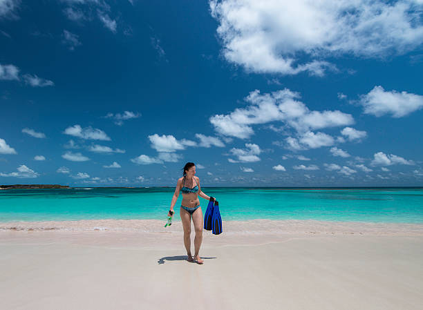 istock Woman walks from surf, carrying snorkelling gear 527466403