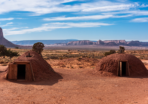 Monument Valley, Arizona, United States - October 15, 2014: Male and female hogans (Navajo traditional dwellings). Monument Valley. Arizona. United States.
