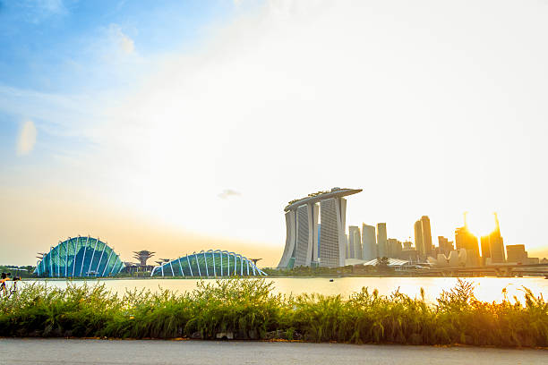 Singapore, Singapore - February 17, 2014: Sunset view of The Supertree Grove, and Cloud Forest & Flower Dome at Gardens by the Bay in Singapore City.
