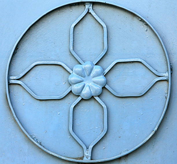 Metallic decoration relief on the blue painted metal gate of house in the Patale Chhango-Devi.s Falls-Hell.s Falls area. Pokhara-Kaski distr.-Gandaki zone-Nepal.