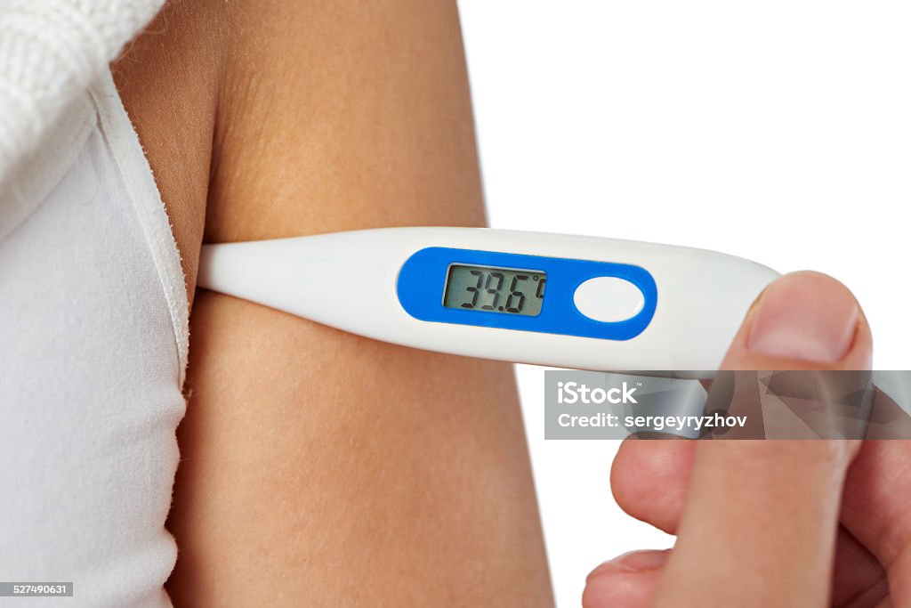 Hand of sick woman holding digital thermometer in armpits isolat Hand of sick woman holding digital thermometer in armpits closeup Armpit Stock Photo