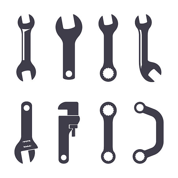 ilustrações de stock, clip art, desenhos animados e ícones de conjunto de ícones de spanners - adjustable wrench illustrations