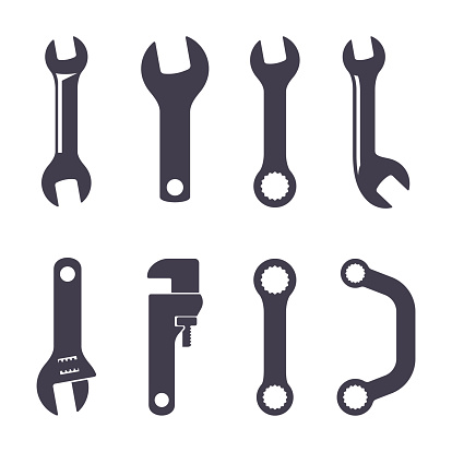 Set of icons of spanners on white background