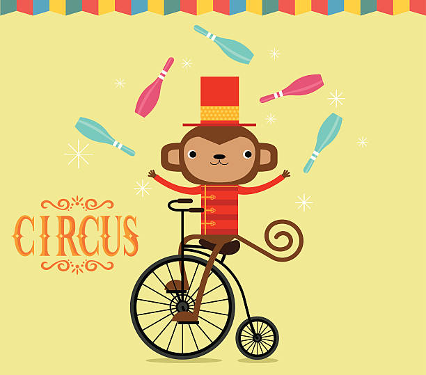 Circus monkey juggling Monkey juggling with a bicycle circus clown carnival harlequin stock illustrations