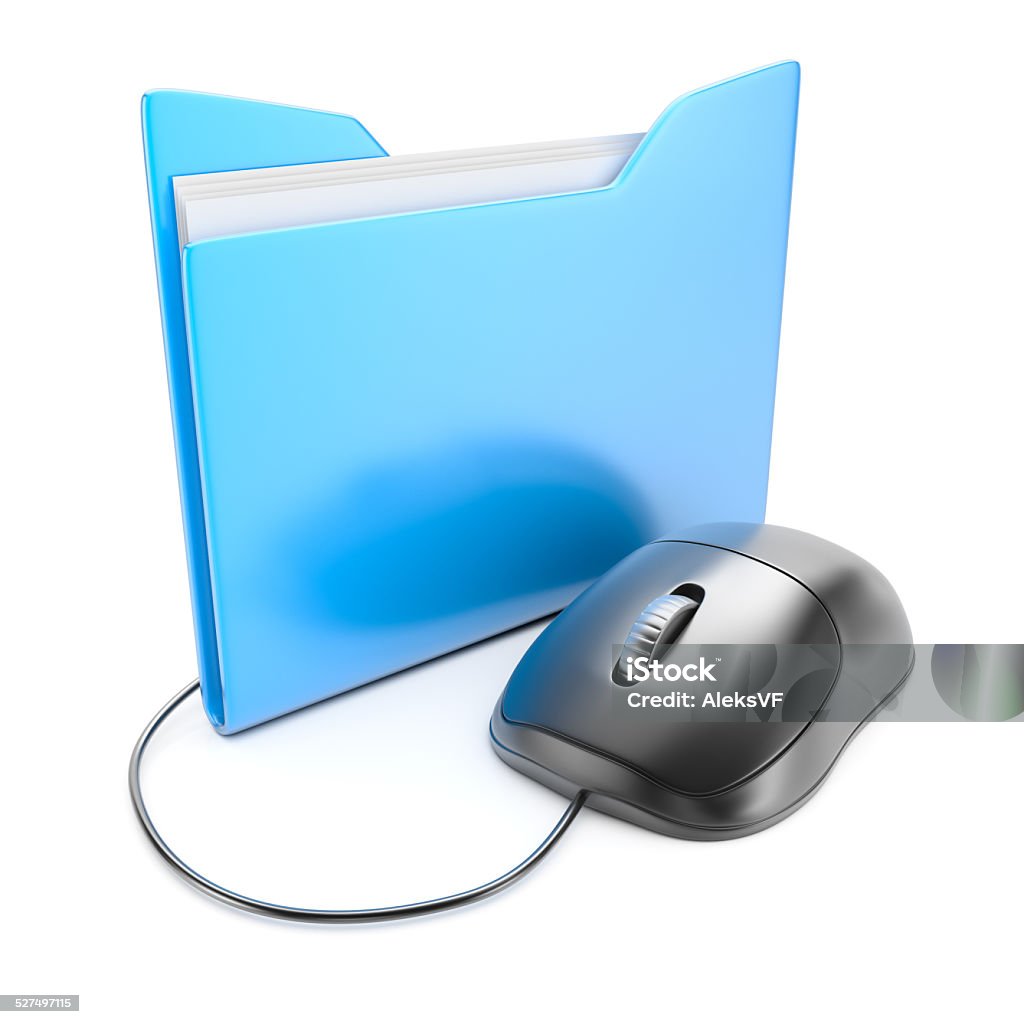 Computer mouse with folder Computer mouse with folder isolated on white background. 3d render Computer Mouse Stock Photo