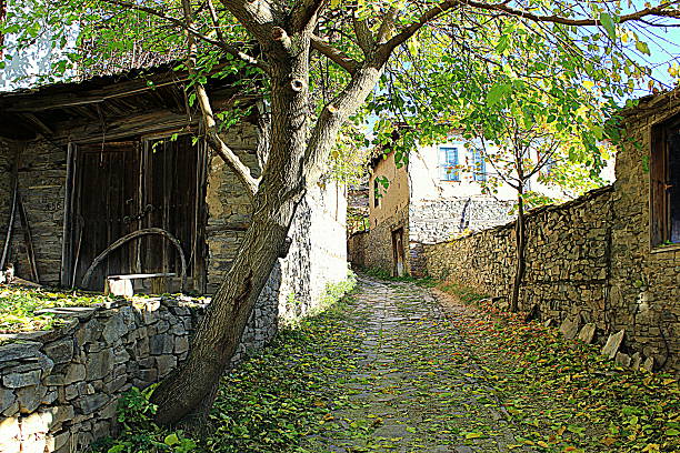 Narrow street in Leshten village in Bulgaria