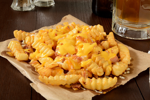 French fries with bacon and cheese and a mug of beer