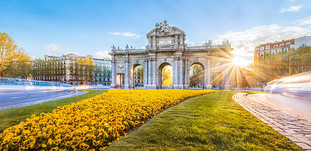 The Alcala Door The Alacala Door (Puerta de Alcala) is a one of the ancient doors of the city of Madrid, Spain. It was the entrance of people coming from France, Aragon, and Catalunia. It is a landmark of the city. madrid city view stock pictures, royalty-free photos & images