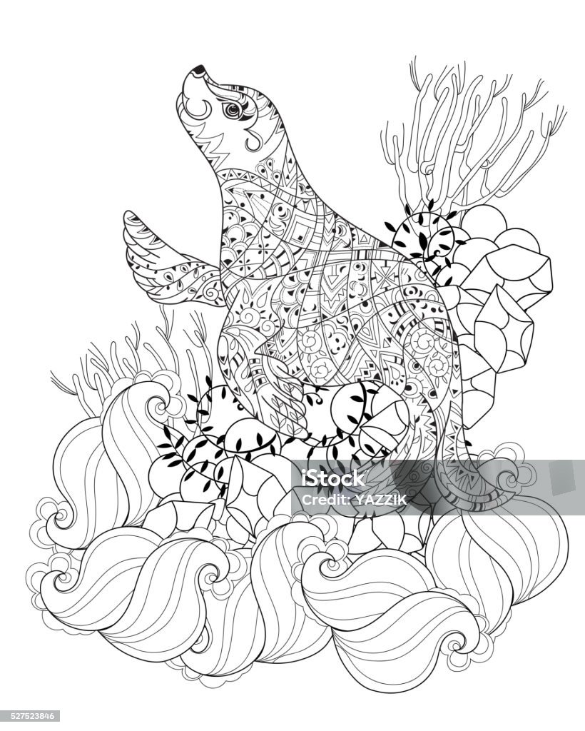 Hand drawn doodle outline sea lion. Hand drawn doodle outline sea lion decorated with ornaments.Vector illustration.Floral ornament.Sketch for tattoo or coloring pages.Boho style. Abstract stock vector