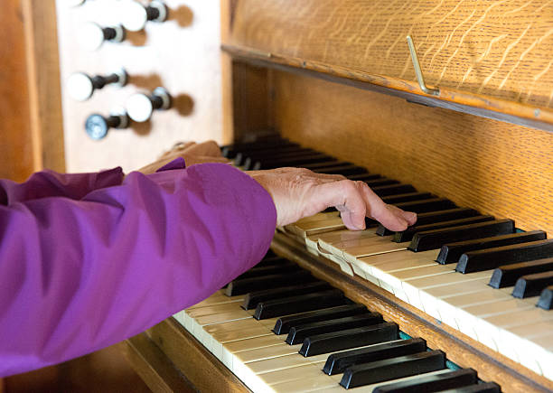 istock Hands playing on an old vintage church organ stops visible 527523968