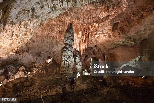 Visitor Hikes Carlsbad Caverns Big Room Giant Chandelier New Mexico Stock Photo - Download Image Now
