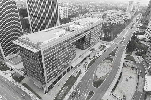 A black and white high angle image of the Creative Artists Agency building and Avenue of the Stars.