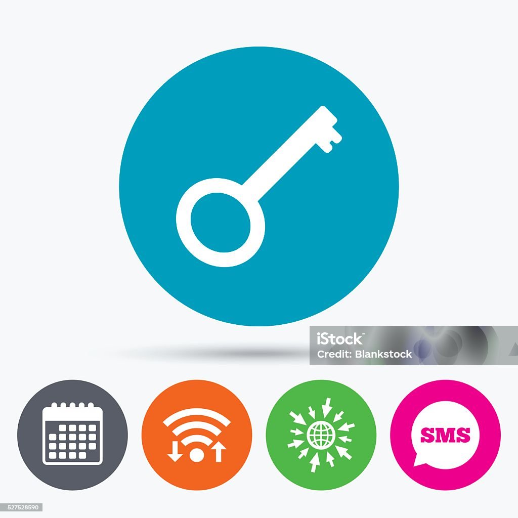 Key sign icon. Unlock tool symbol. Wifi, Sms and calendar icons. Key sign icon. Unlock tool symbol. Go to web globe. Badge stock vector