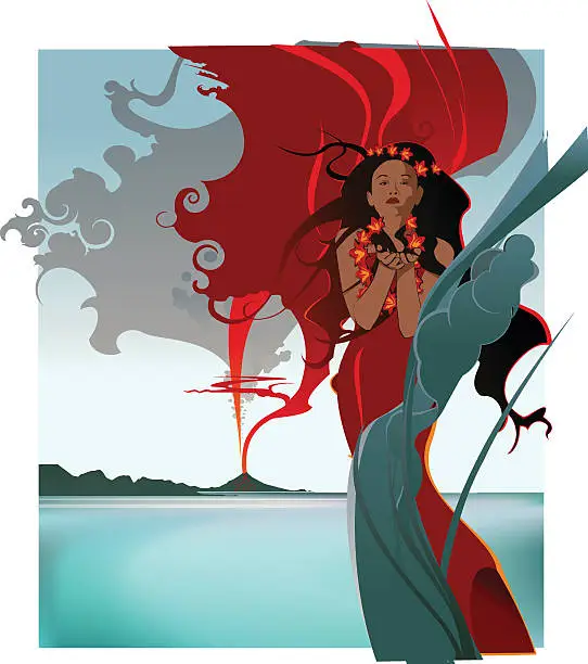 Vector illustration of Polynesian Girl with Volcano and islands