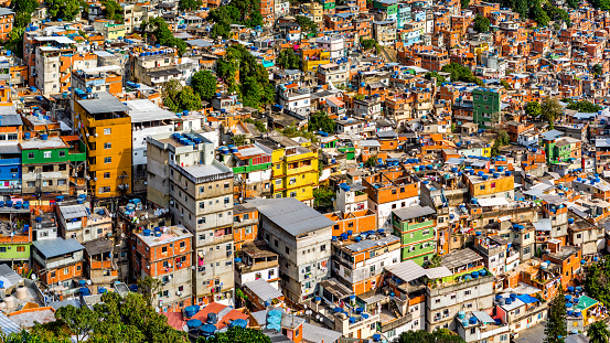 Aerial view of Rio's Rocinha favela, on a sunny afternoon.