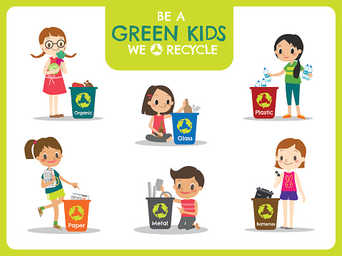 Green kids segregating trash recycling concept illustration
